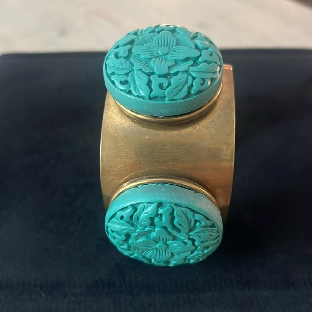 Vintage Jan Michaels Turquoise Coin Cuff Bracelet Bronze Patina Floral Retired - Picture 3 of 5
